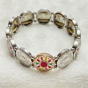 Vintage Silver & Rose Gold Tone Sun Design Stretch Bracelet-Excellent